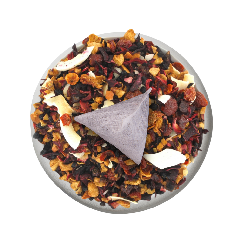 Boîte de thé personnalisée avec infusette et design tropical