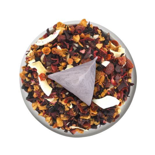 Boîte de thé personnalisée avec infusette et design tropical