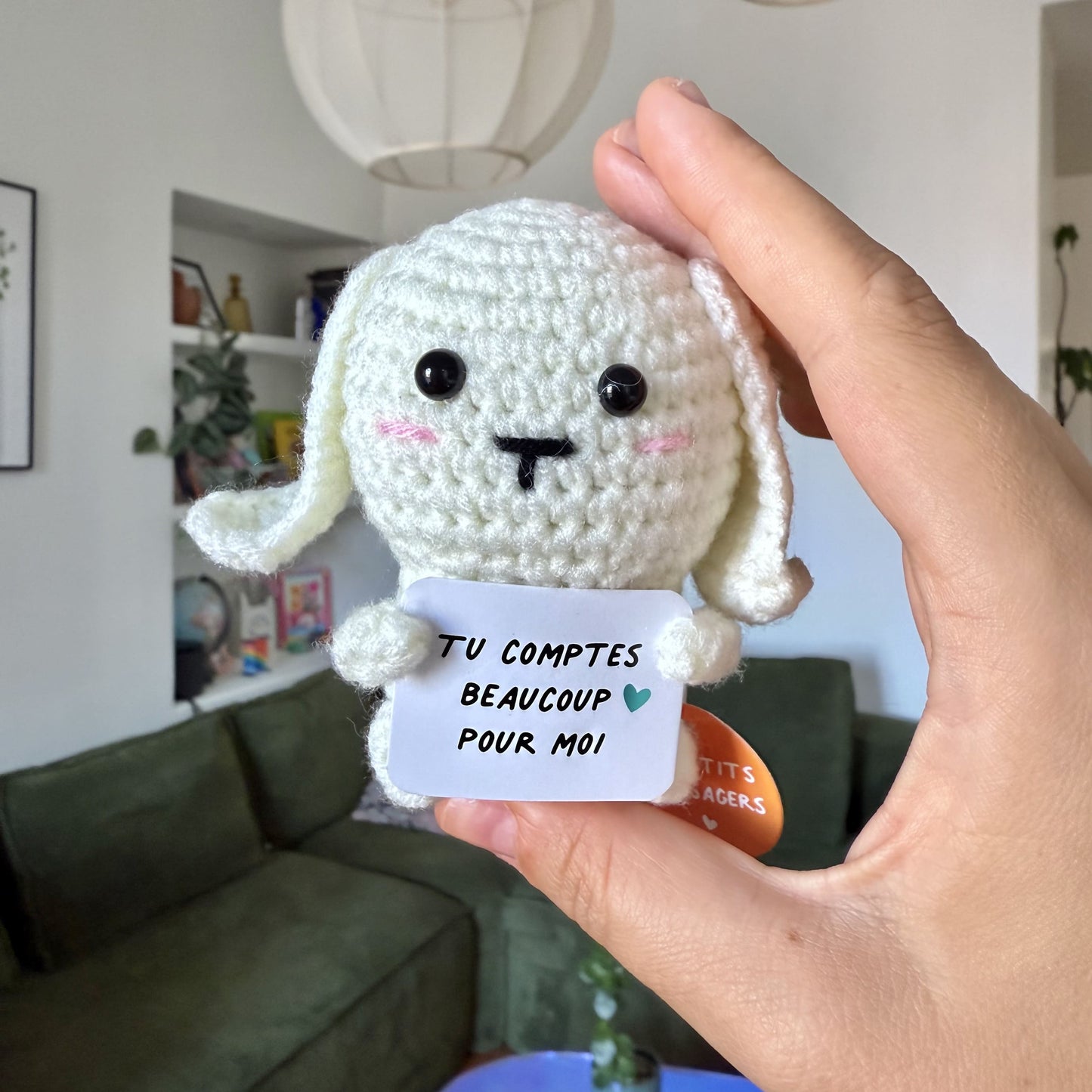 Mini lapin en peluche avec message affectueux sur son ventre.