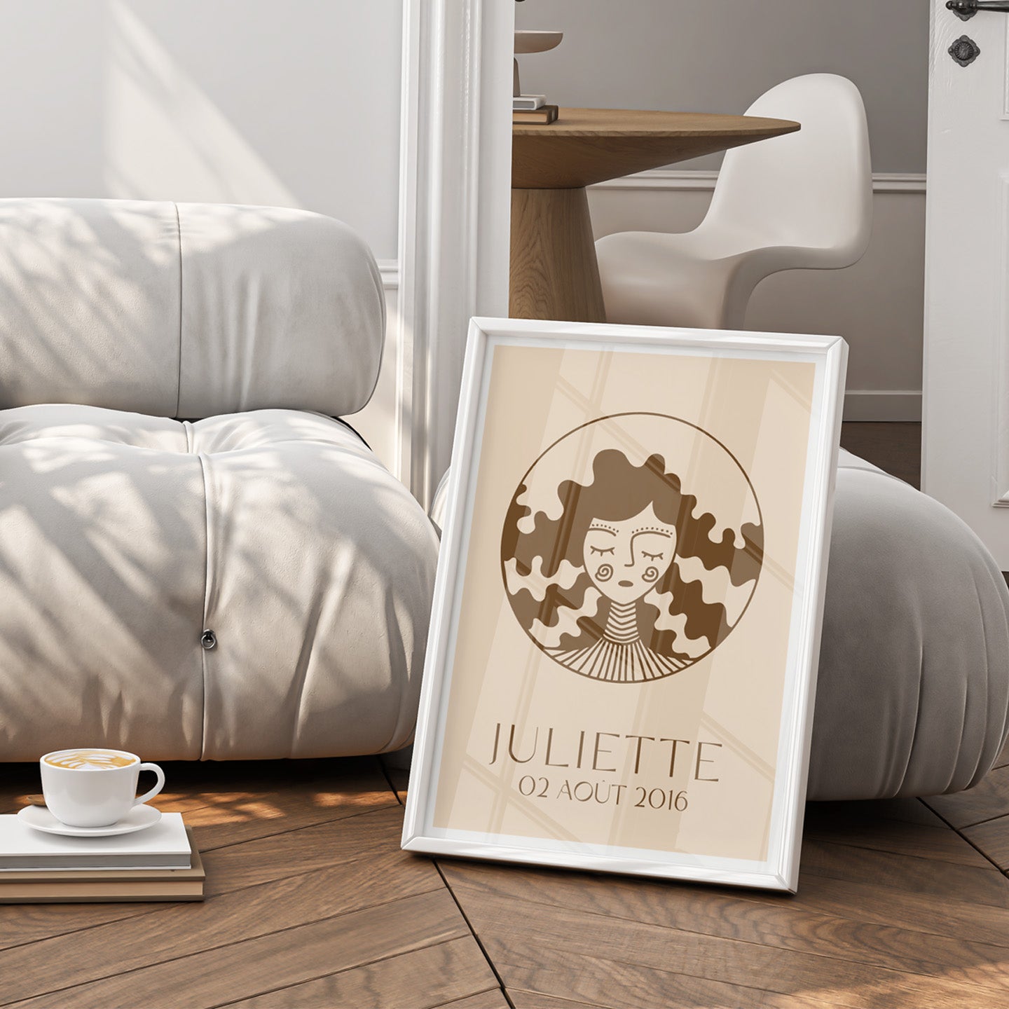 Affiche stylisée du visage du zodiaque avec traits organiques.