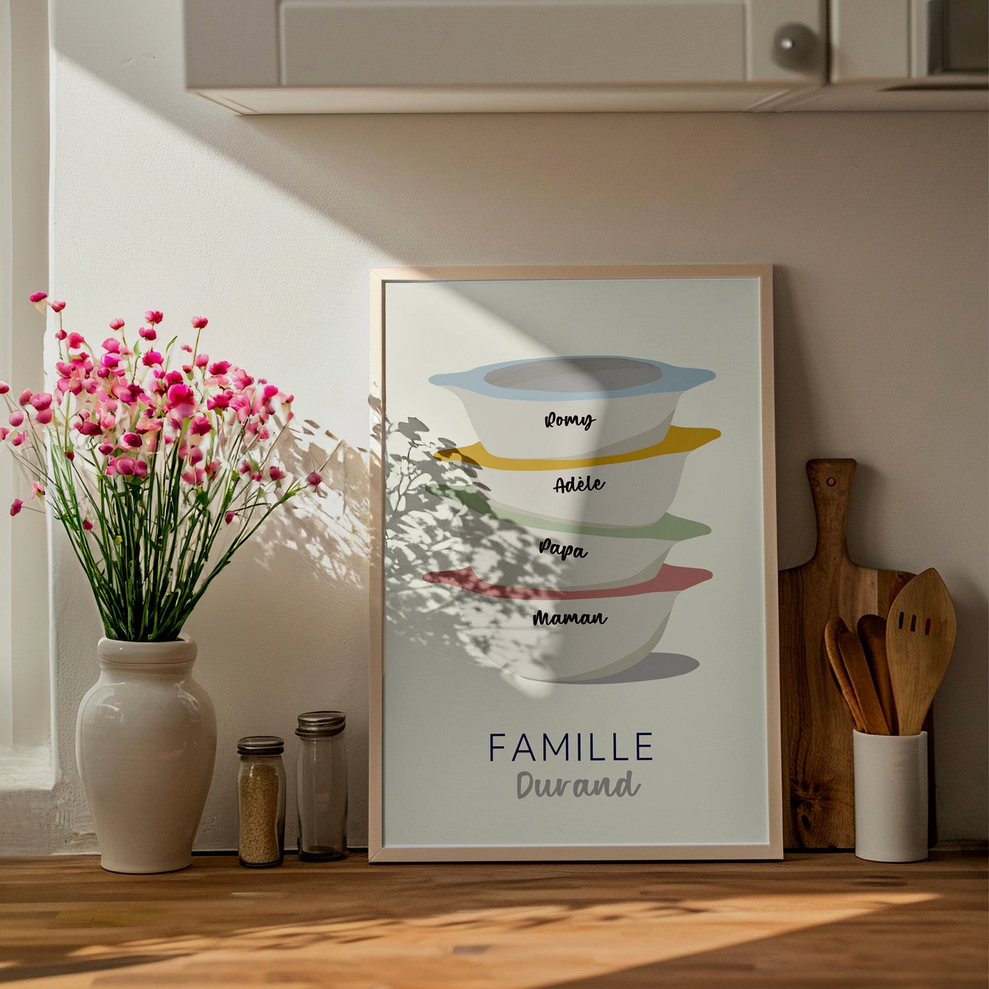 Affiche illustrant des bols bretons avec prénoms colorés.