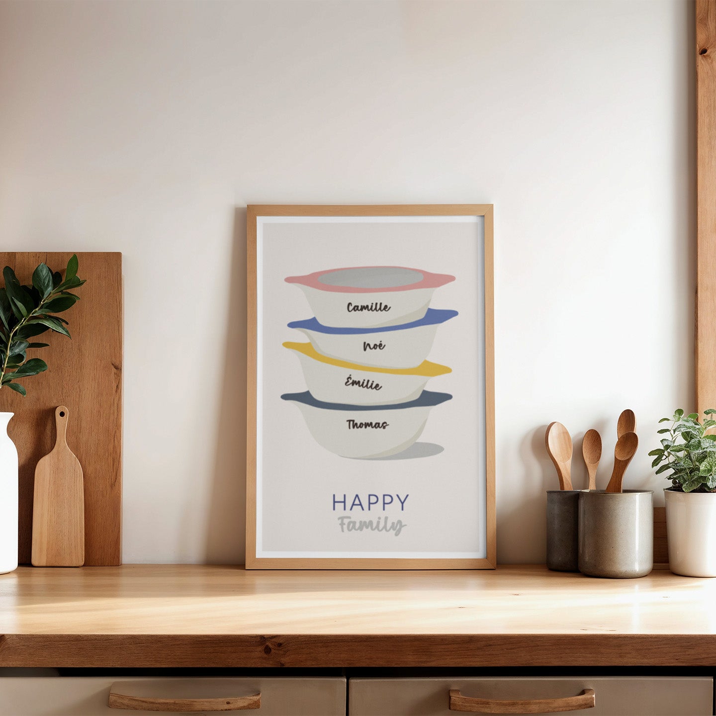 Affiche illustrant des bols bretons avec prénoms colorés.