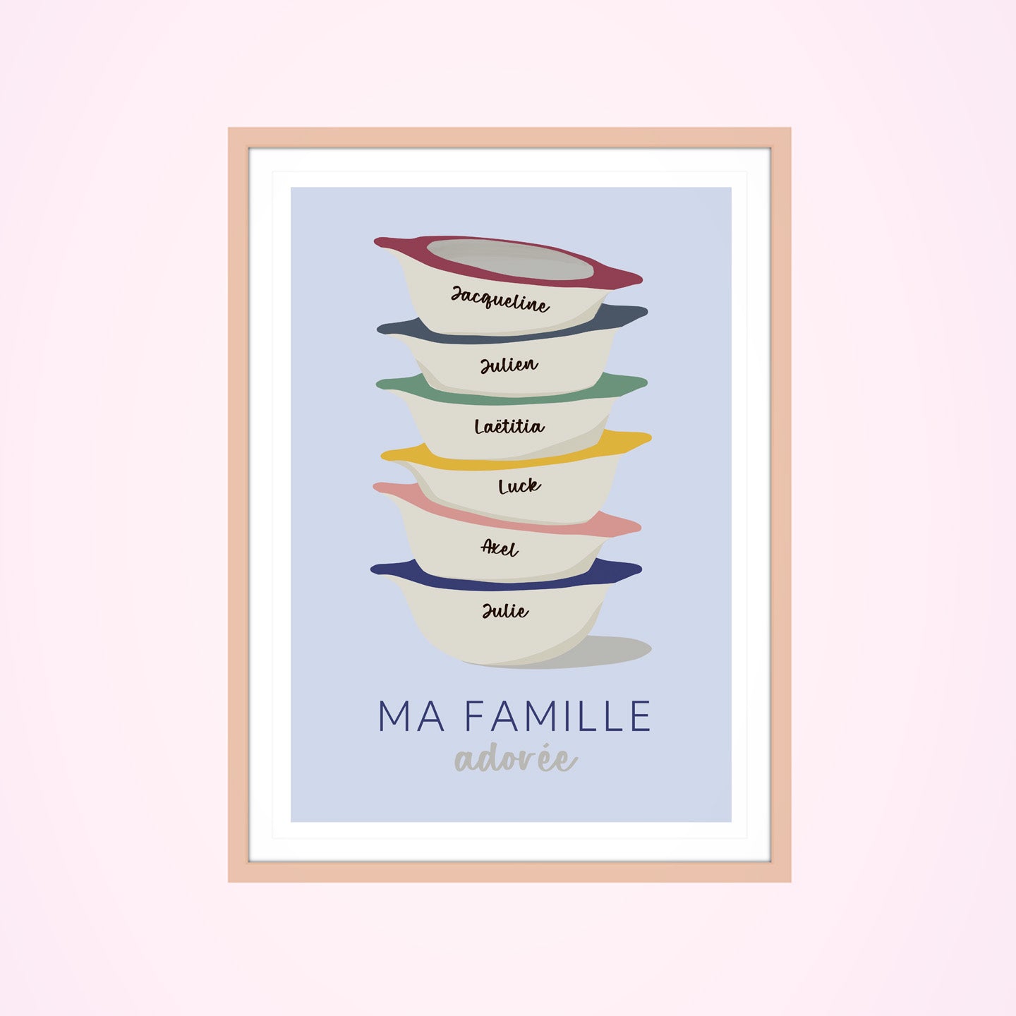 Affiche illustrant des bols bretons avec prénoms colorés.