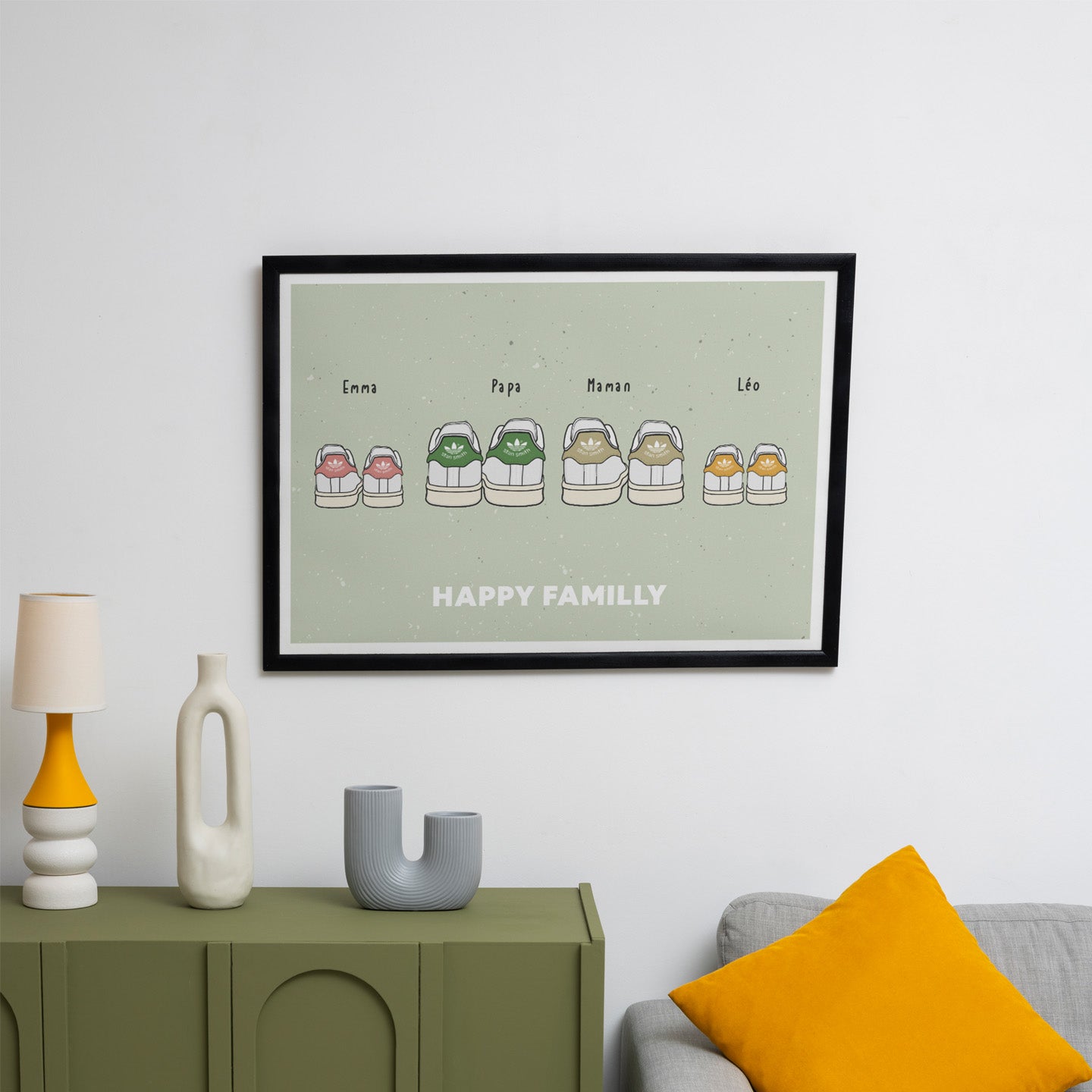 Affiche illustrant des baskets blanches sur fond clair.