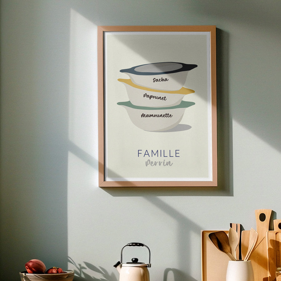 Affiche personnalisée avec des bols bretons et prénoms colorés.
