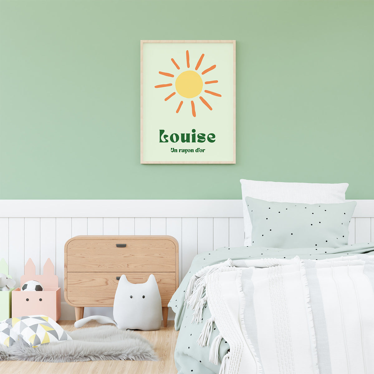 Affiche soleil avec rayons stylisés sur fond clair