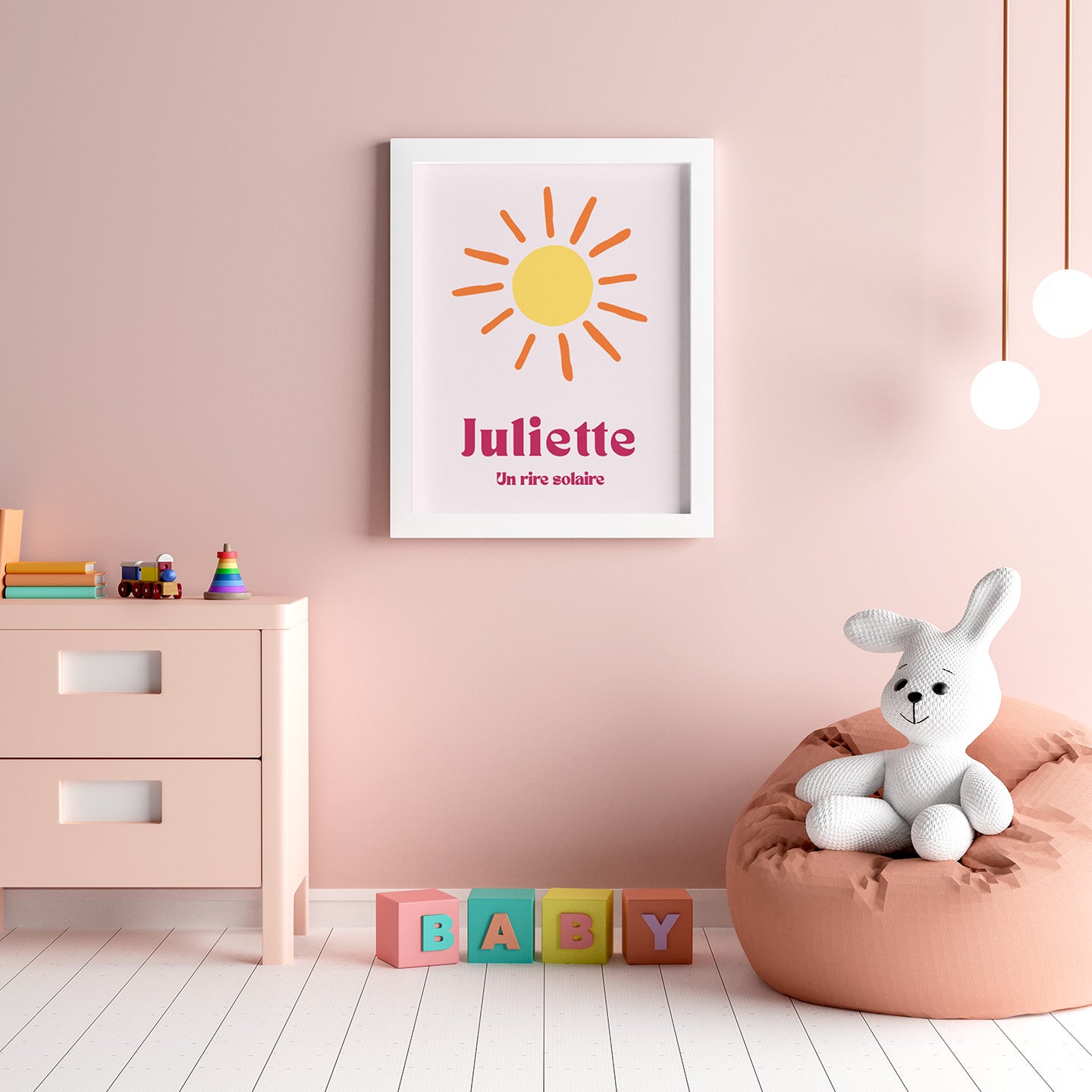 Affiche soleil avec rayons stylisés sur fond clair