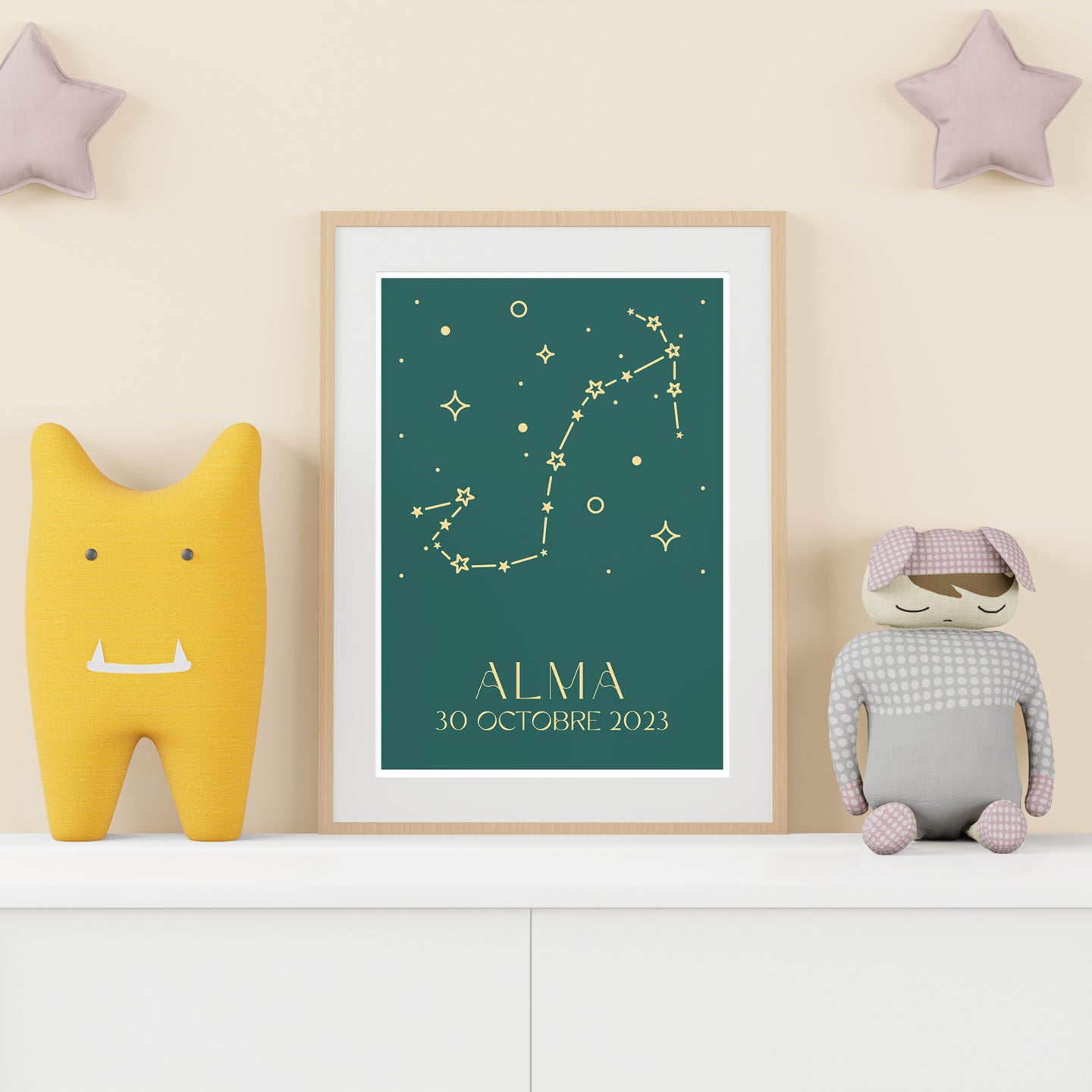 Affiche du zodiaque avec constellations en design minimaliste.