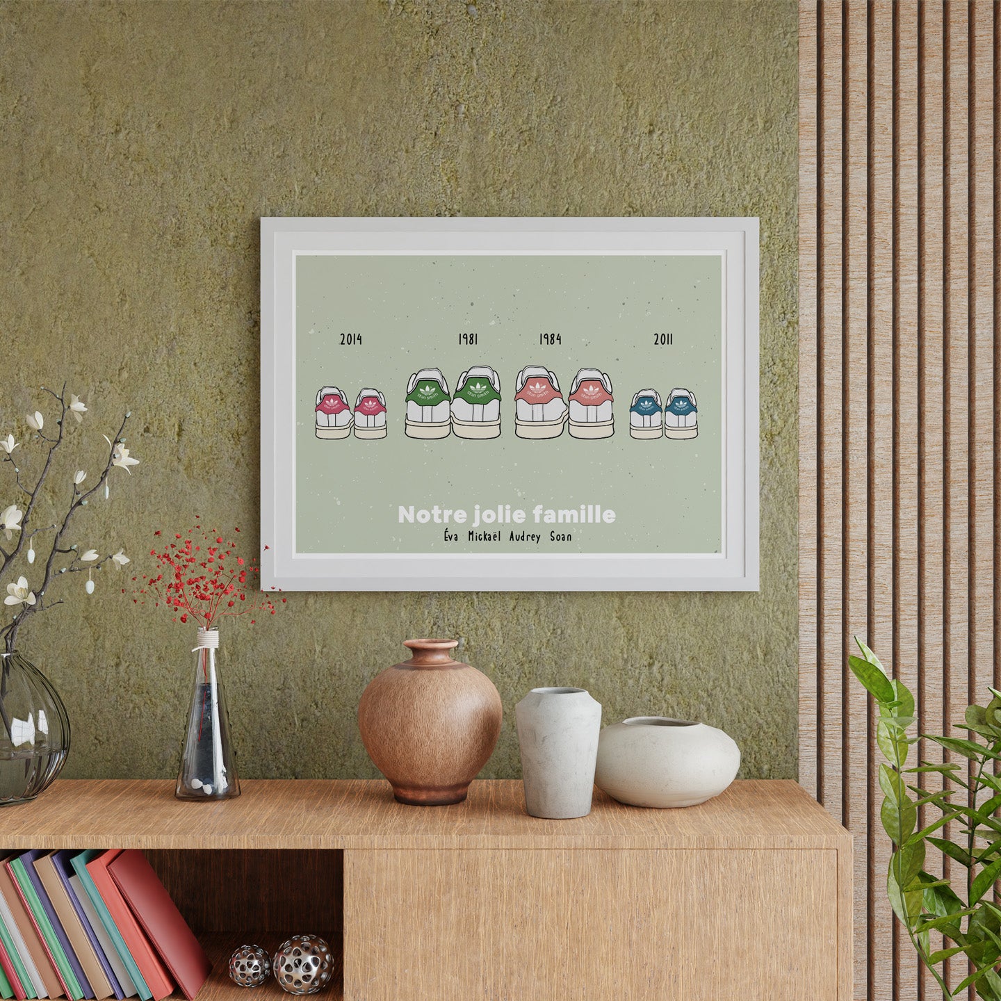 Affiche illustrant des baskets blanches sur fond clair.