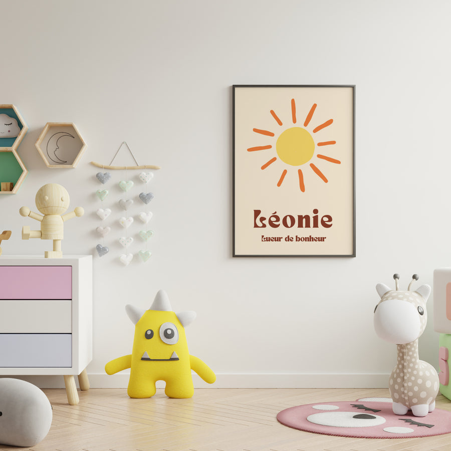 Affiche moderne avec rayons de soleil stylisés sur fond clair.