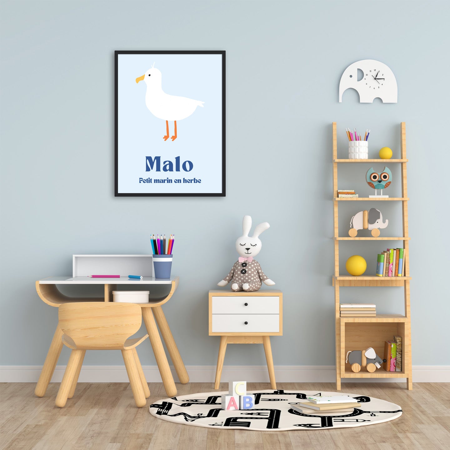 Affiche de mouette avec un design léger et aérien.