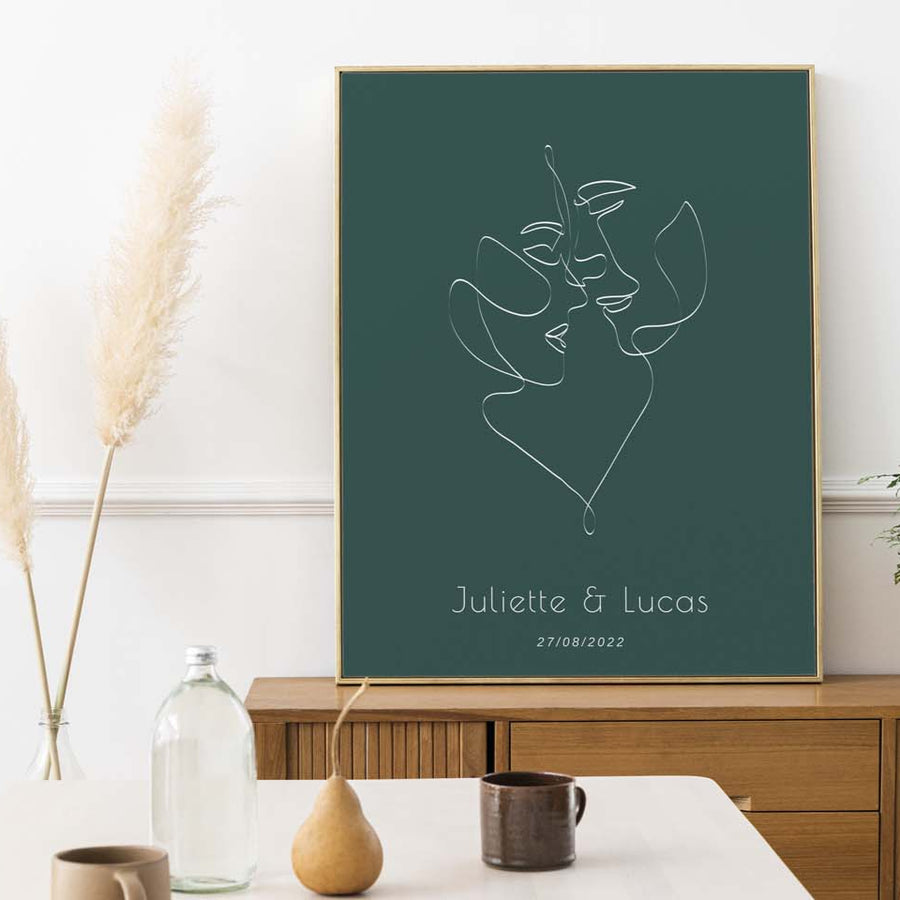 Affiche personnalisée de couple avec illustration romantique.