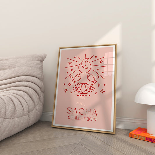 Affiche du signe du zodiaque Cancer avec motifs délicats.