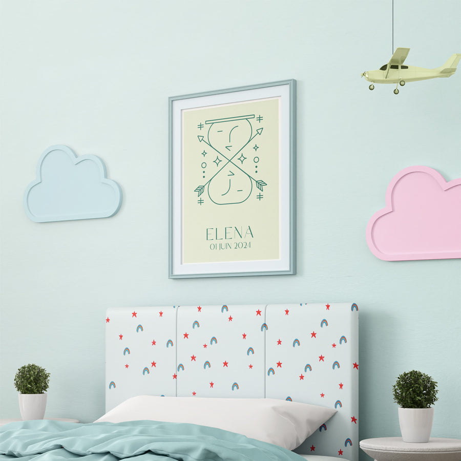 Affiche des Gémeaux avec motifs étoilés sur fond clair.