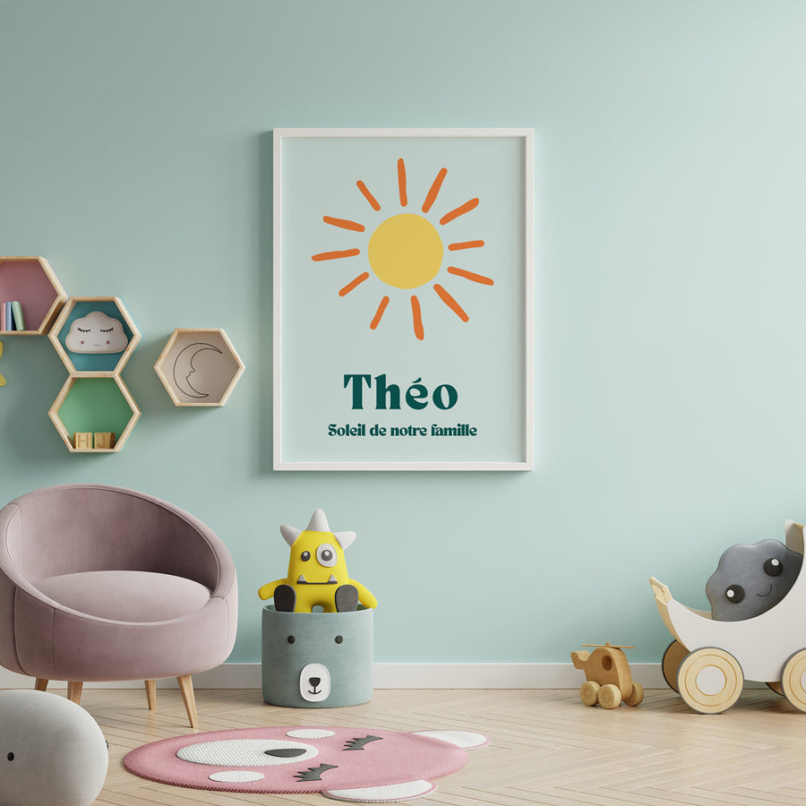 Affiche soleil avec rayons stylisés sur fond clair