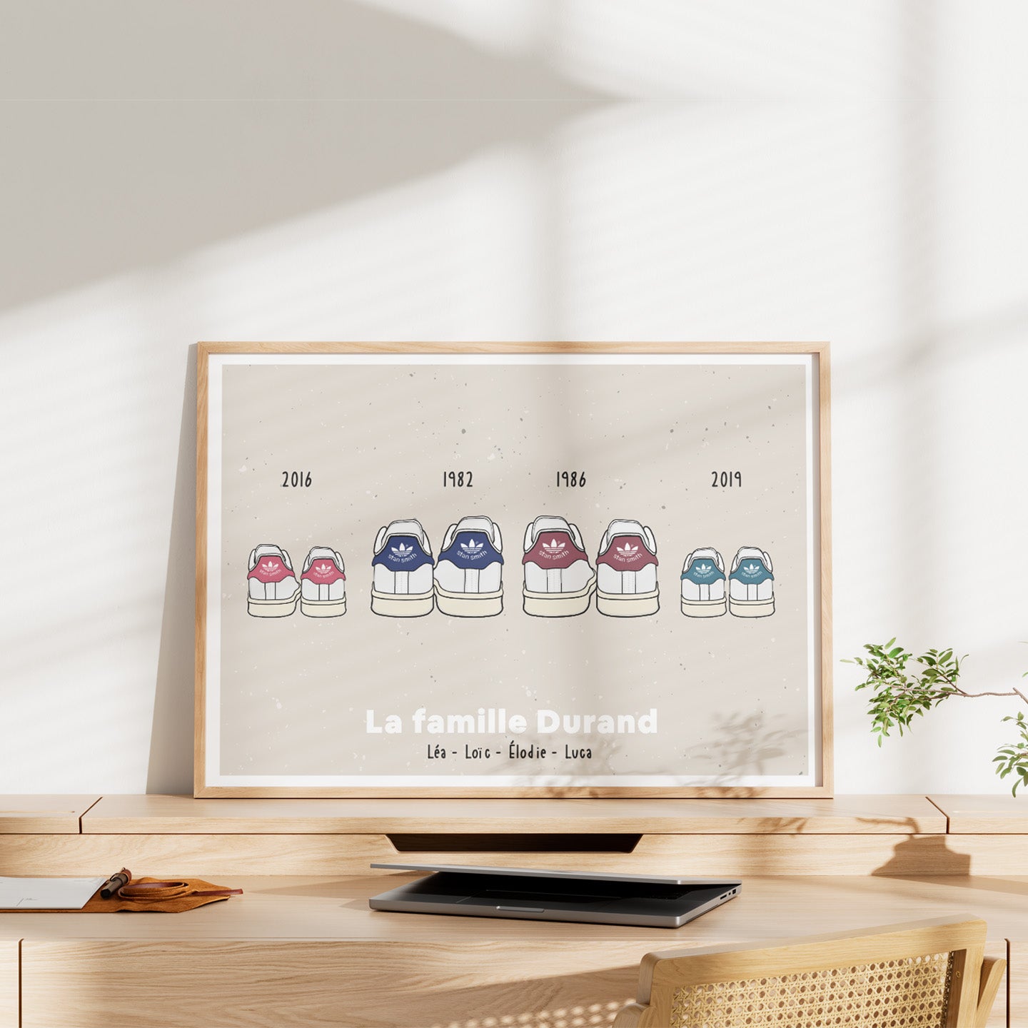 Affiche illustrant des baskets blanches sur fond clair.
