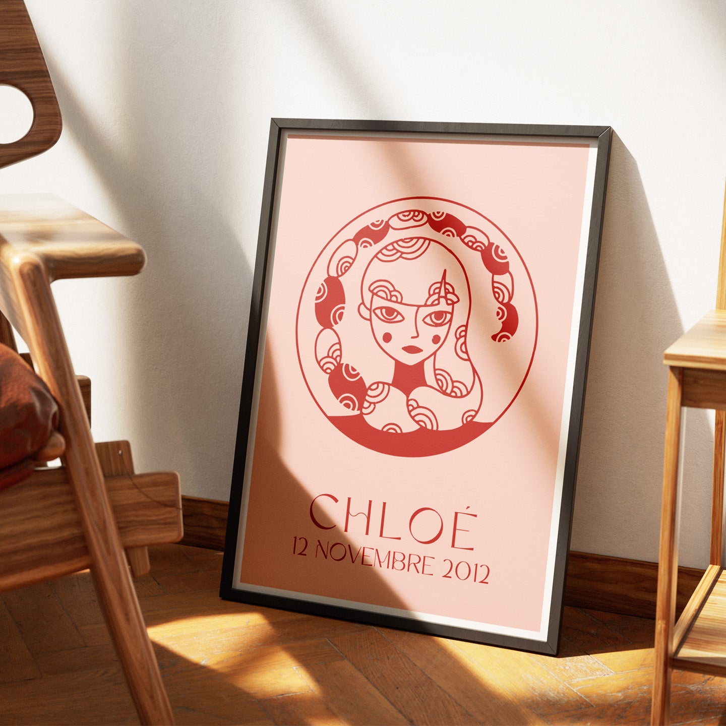 Affiche stylisée d'un visage de zodiaque avec traits organiques.