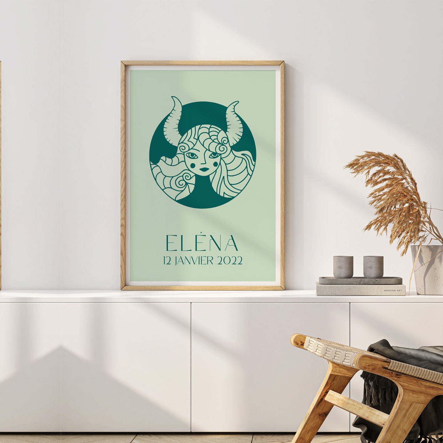 Affiche stylisée des visages du zodiaque sur fond clair.