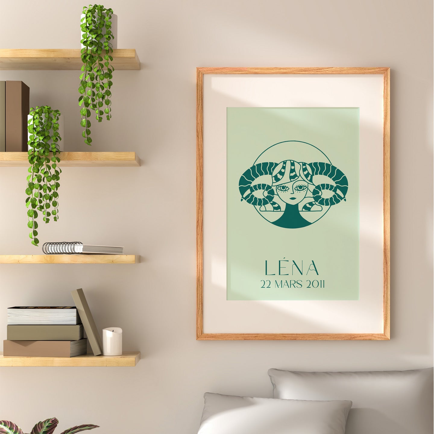 Affiche stylisée du visage du zodiaque avec traits organiques.