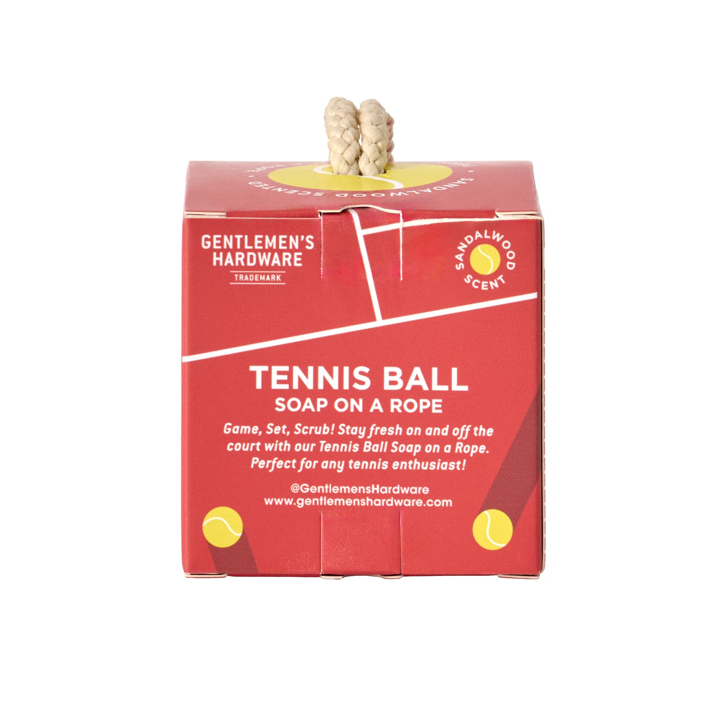 Savon en forme de balle de tennis avec corde, vue de côté