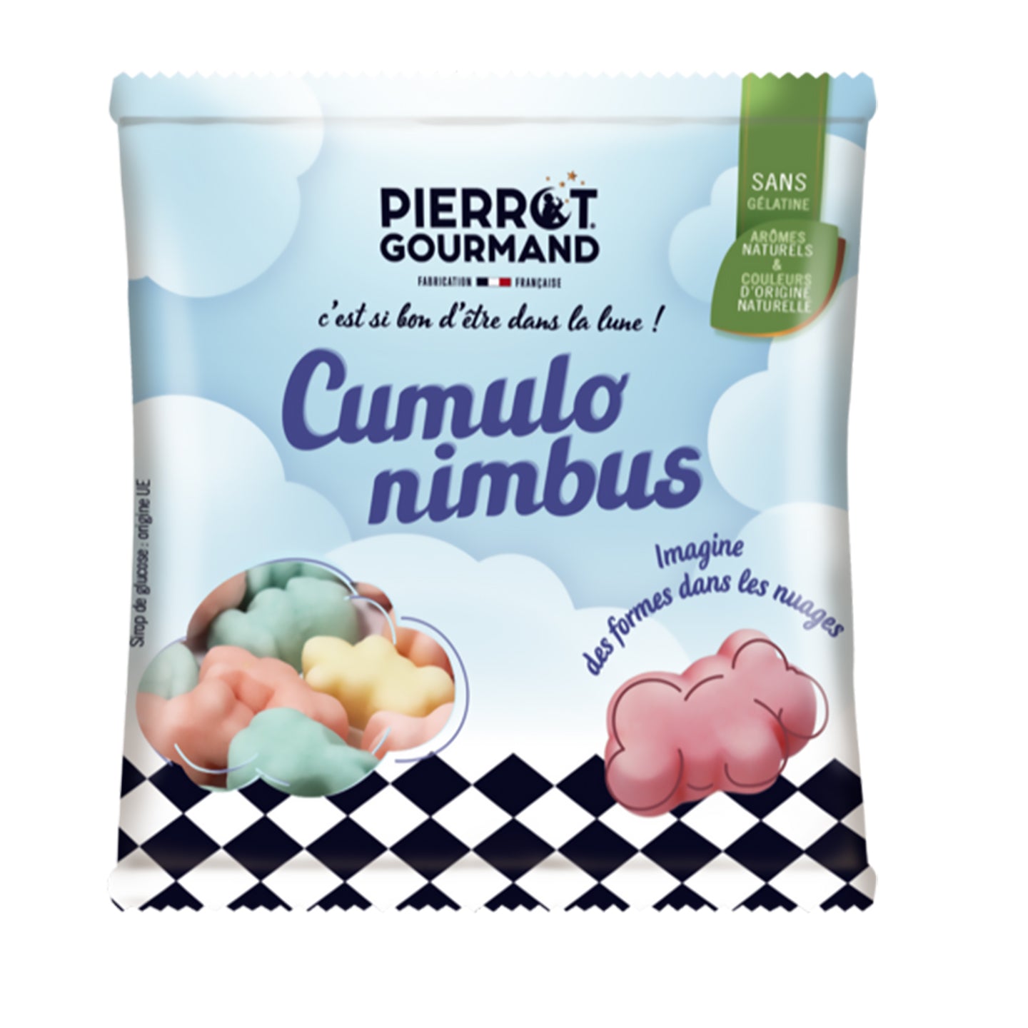 Trois sachets de guimauves en forme de nuage, vue de face.