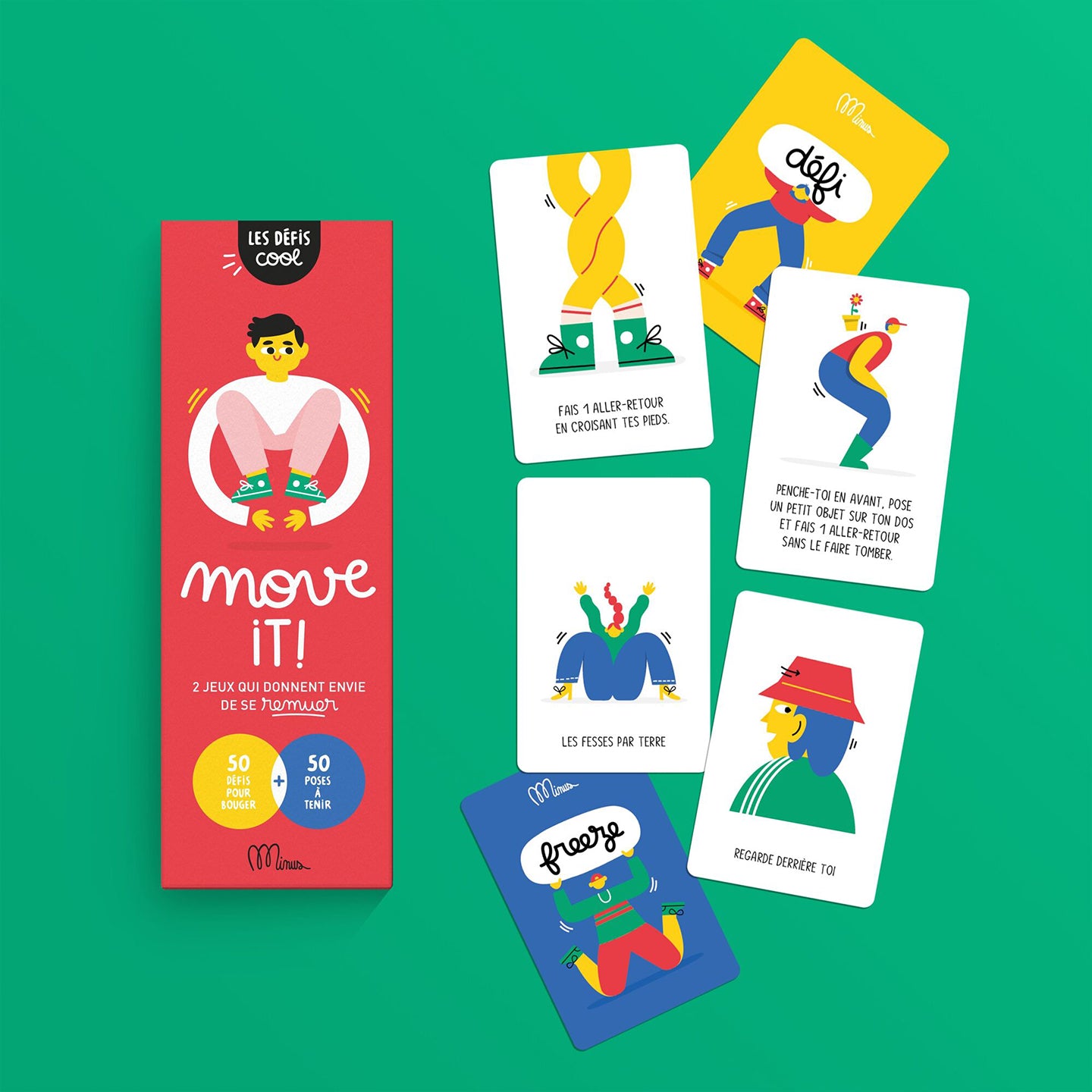 Cartes colorées du jeu Move it avec illustrations dynamiques.