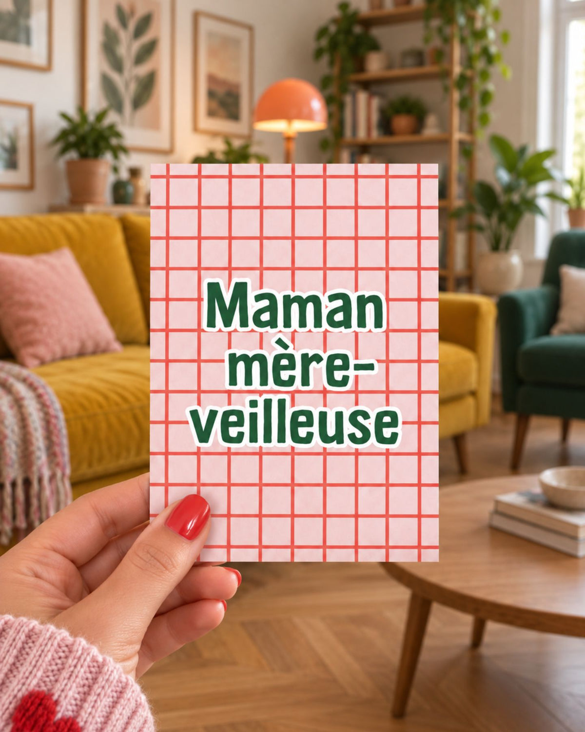Carte Maman avec motif à carreaux sur fond naturel