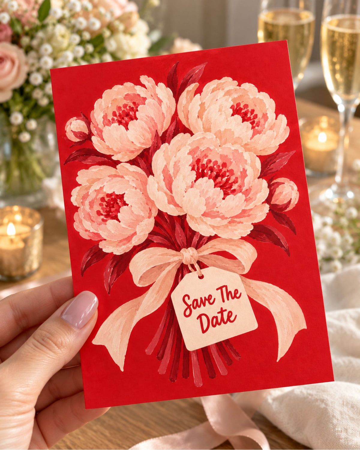 Carte rouge Save the Date ornée d’un bouquet peint et d’une étiquette