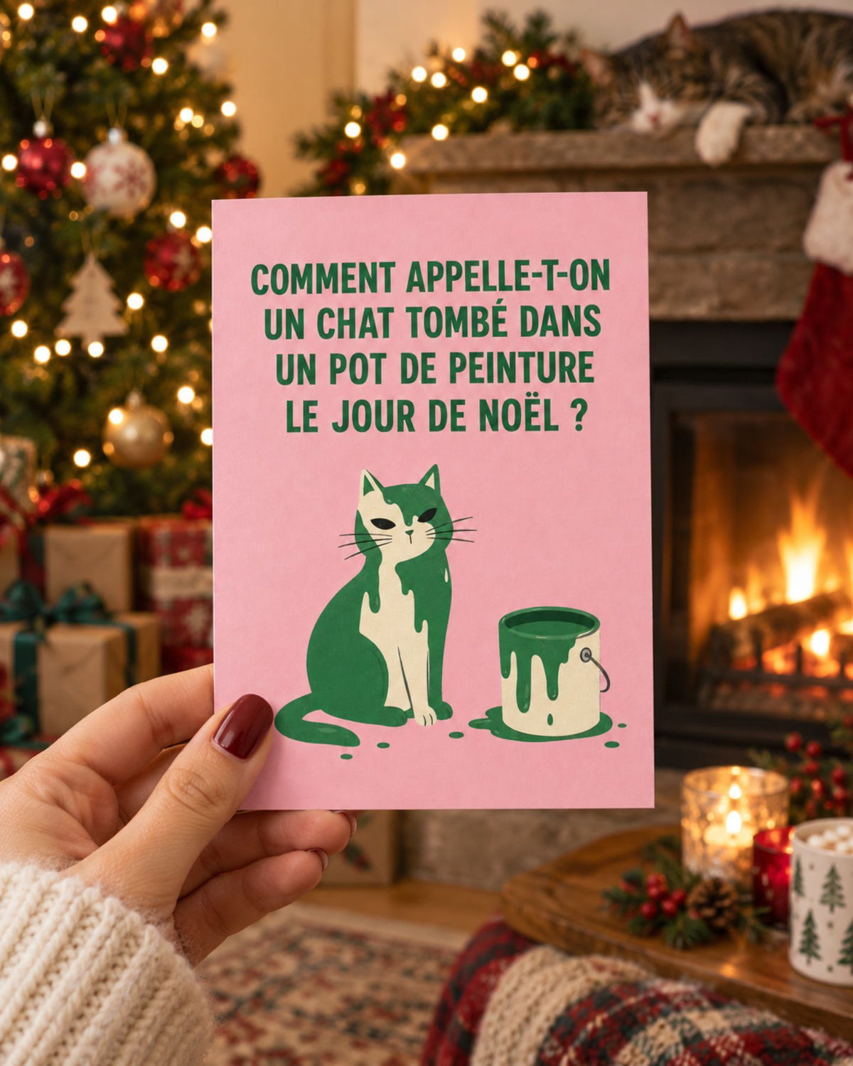Carte de Noël illustrée d'un chat coloré et amusant