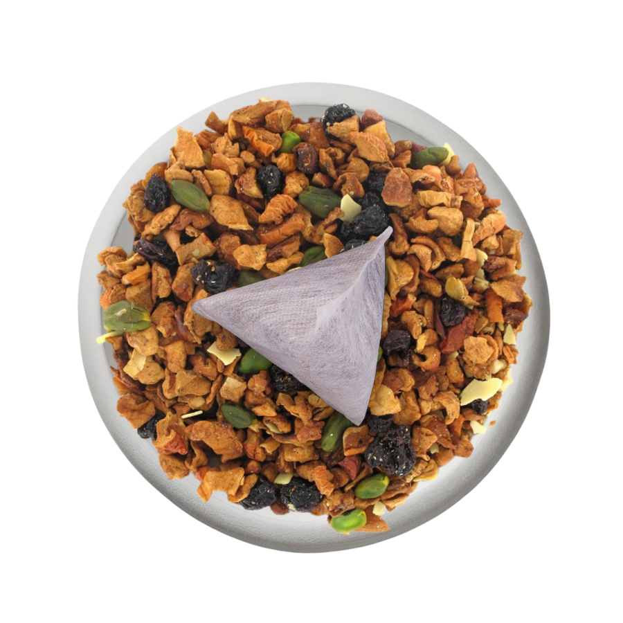 Boîte de thé personnalisée avec infusette et motifs gourmands.