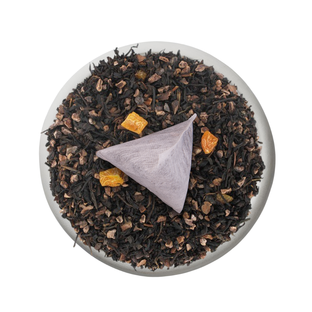 Boîte de thé personnalisée avec infusette et motifs colorés.
