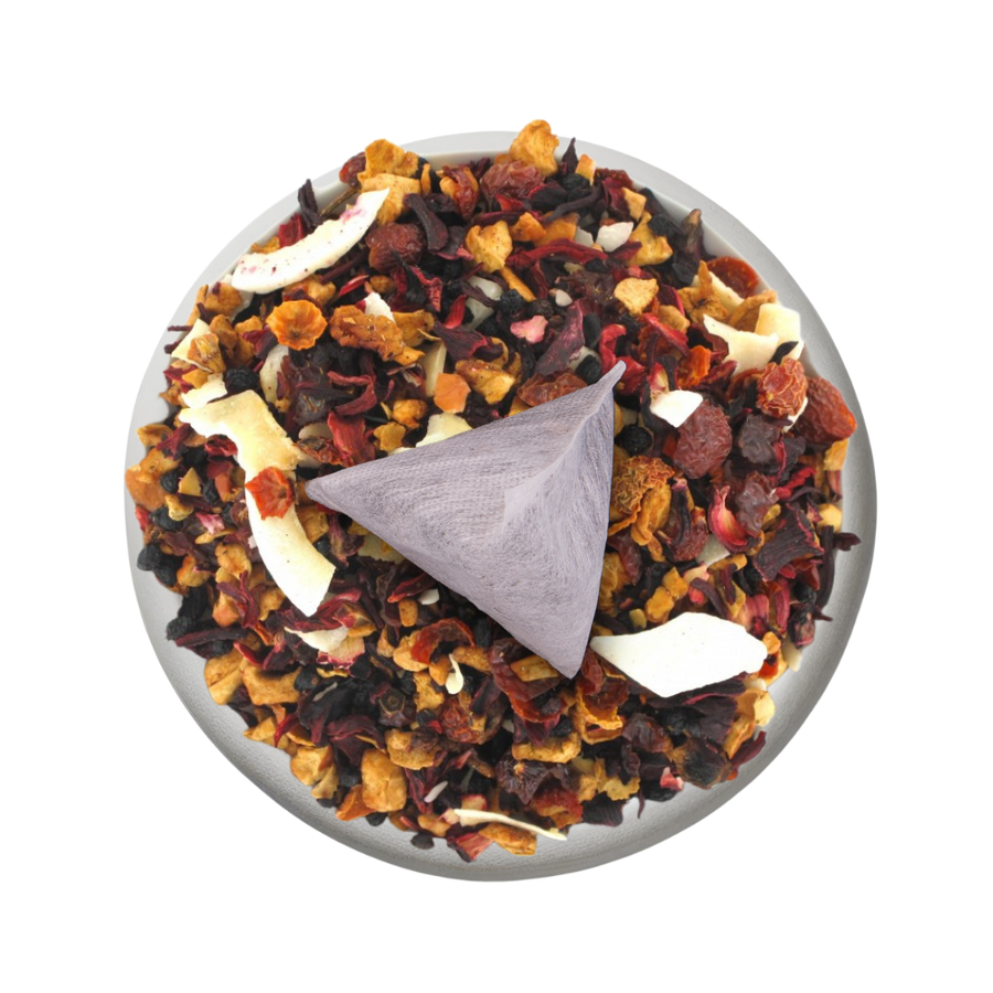 Boîte de thé personnalisée avec infusette et design tropical
