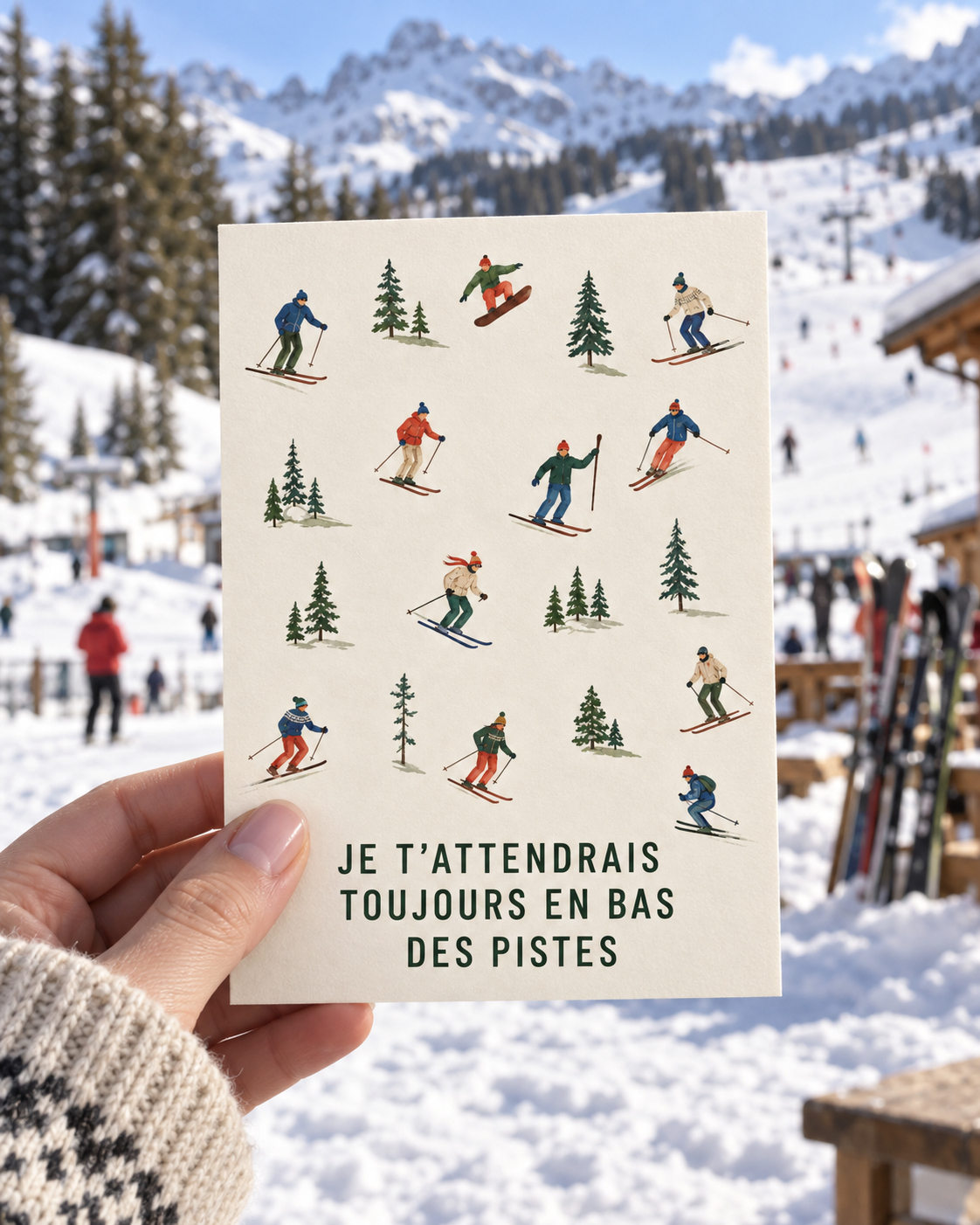 Carte personnalisée illustrant des skieurs en bas des pistes