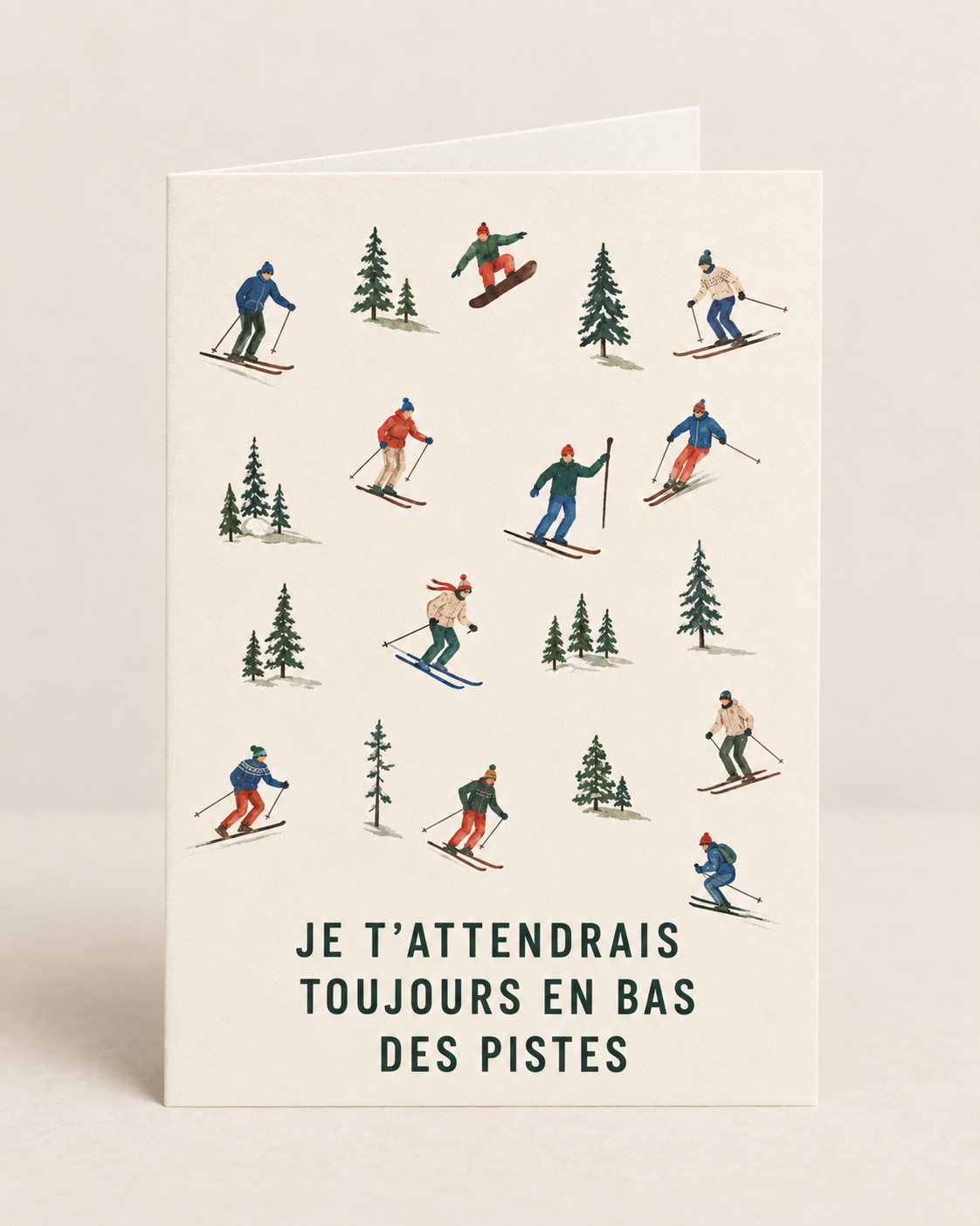 Carte personnalisée illustrant des skieurs en bas des pistes