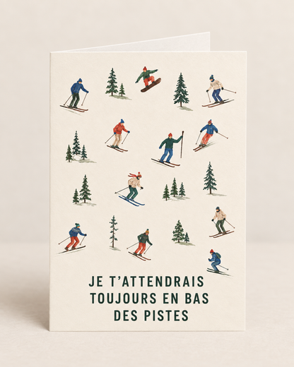 Carte personnalisée illustrant des skieurs en bas des pistes