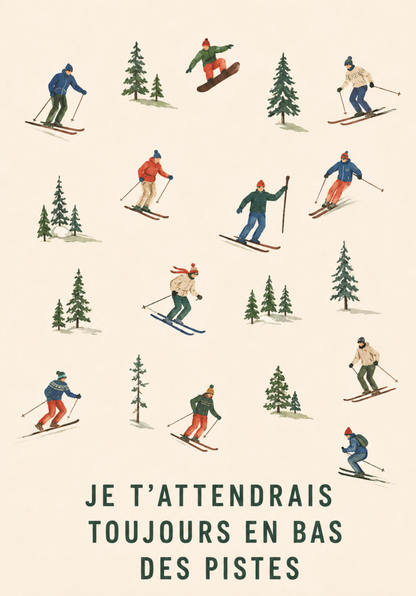 Carte personnalisée illustrant des skieurs en bas des pistes