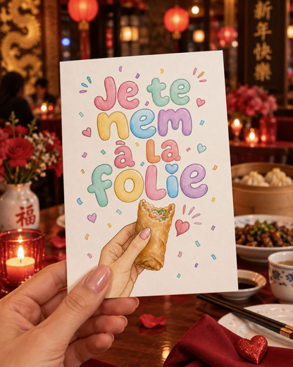 Carte de vœux humoristique avec motif de nems colorés