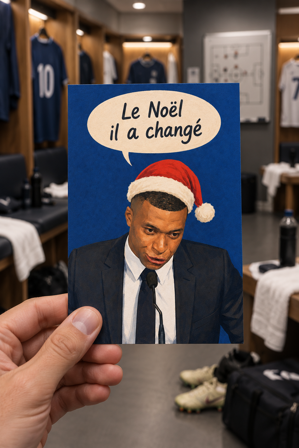 Carte humoristique de Noël avec design festif et football
