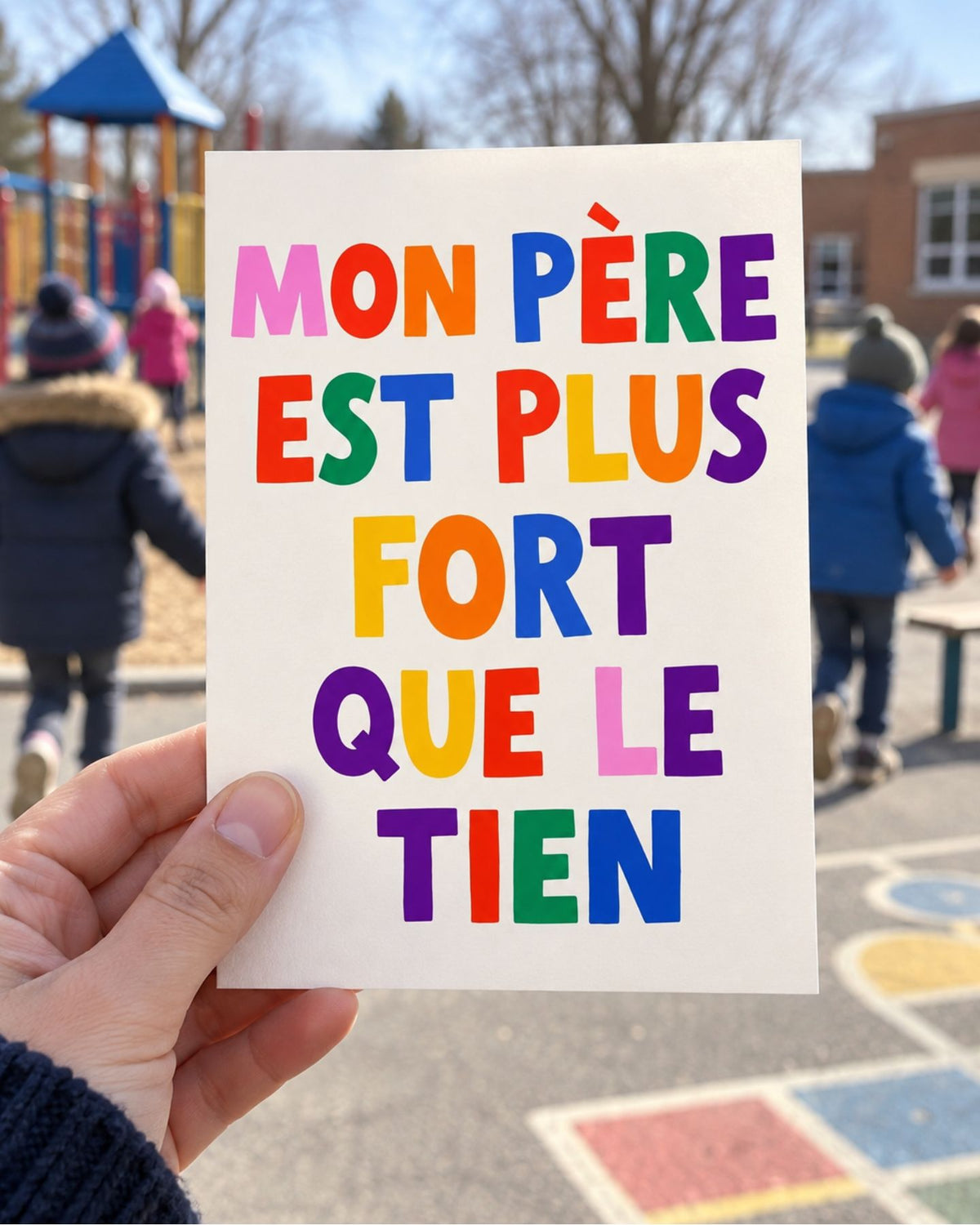 Carte humoristique sur fond de cour de récréation