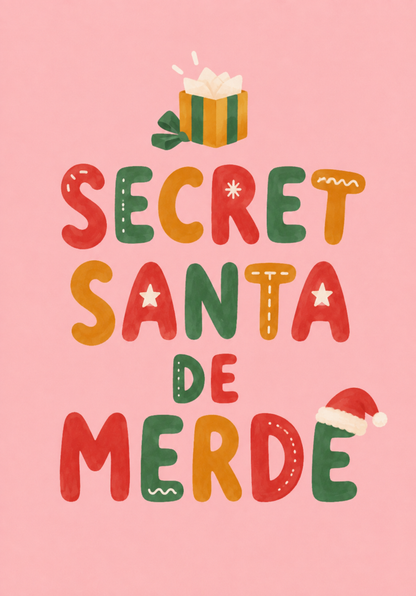 Carte humoristique Secret Santa avec design coloré et texte amusant