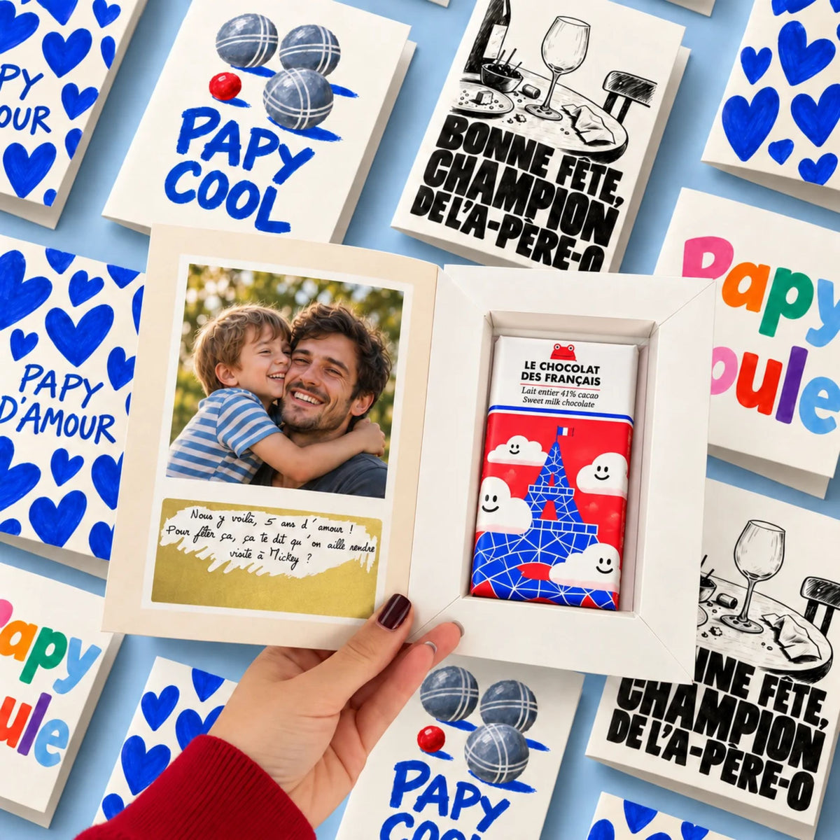 Carte personnalisée avec photo père-enfant et message caché sous une zone dorée