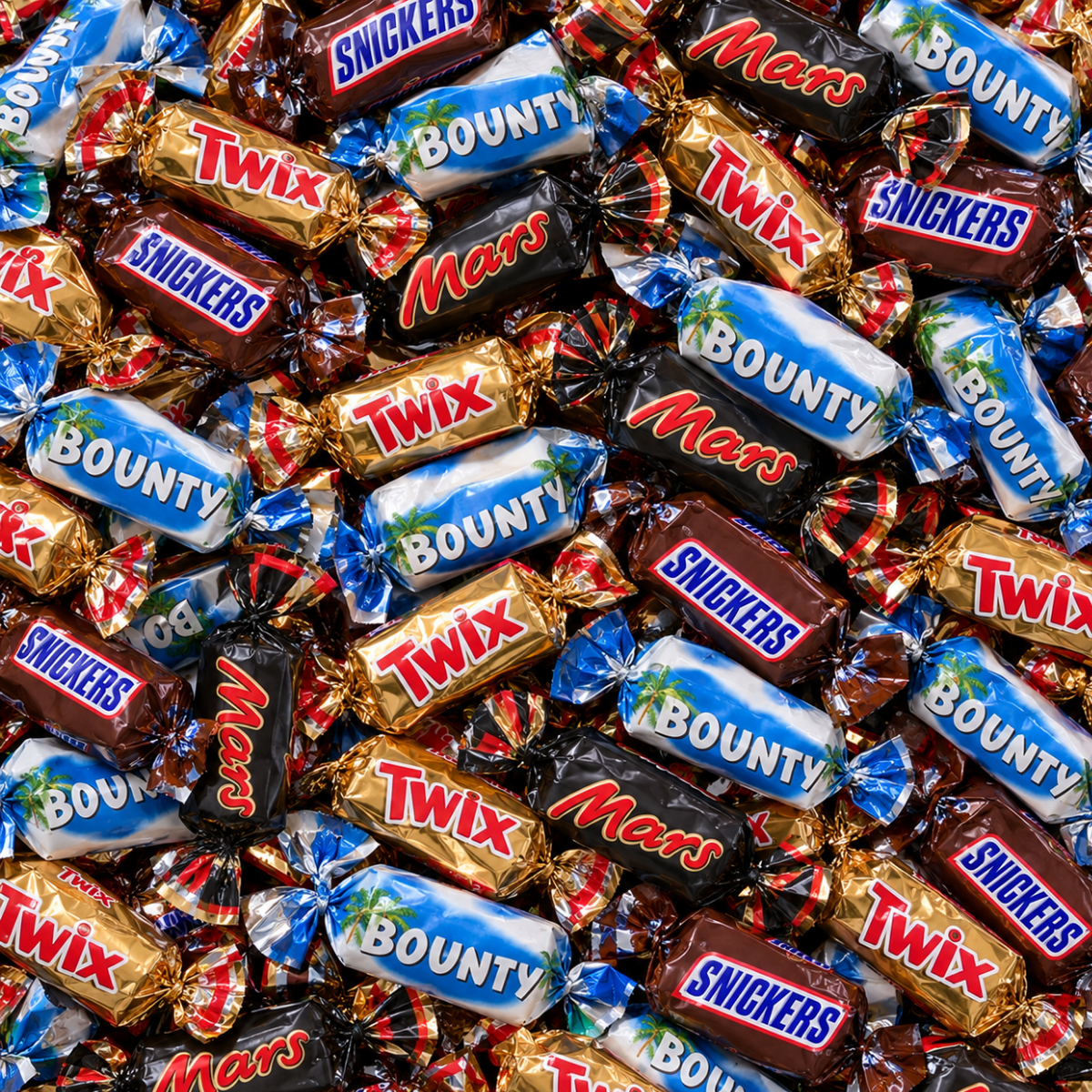 Assortiment de mini-barres Mars, Twix, Bounty et Snickers emballées individuelle