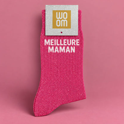 Chaussettes à paillettes avec inscription 'Meilleure Maman