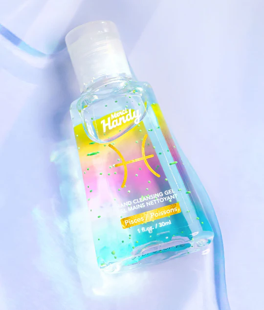 Gel pour les mains au motif du signe Poisson, format compact.