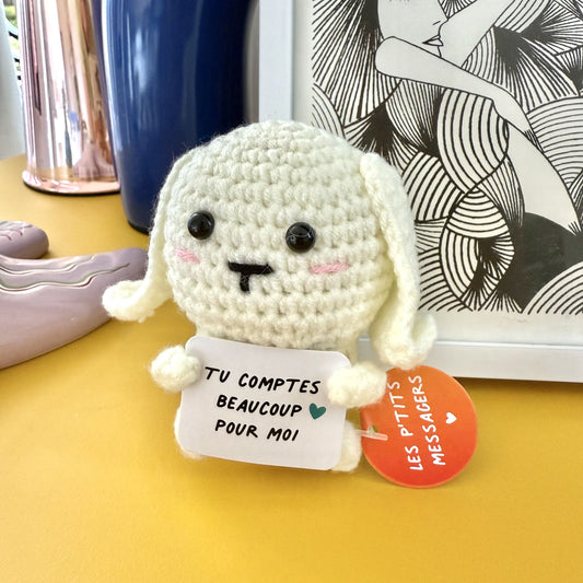 Mini lapin en peluche avec message affectueux sur son ventre.