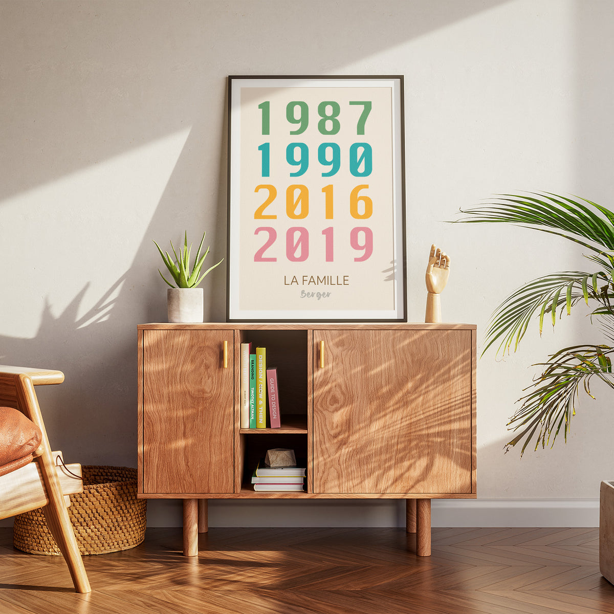 Affiche personnalisée avec des années marquantes en typographie élégante.