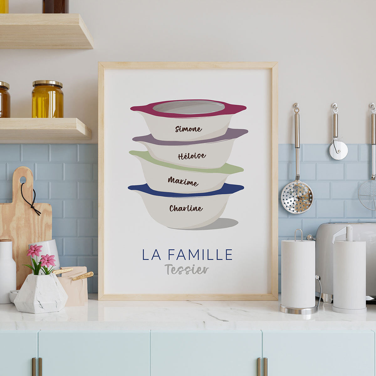 Affiche illustrant des bols bretons avec prénoms colorés