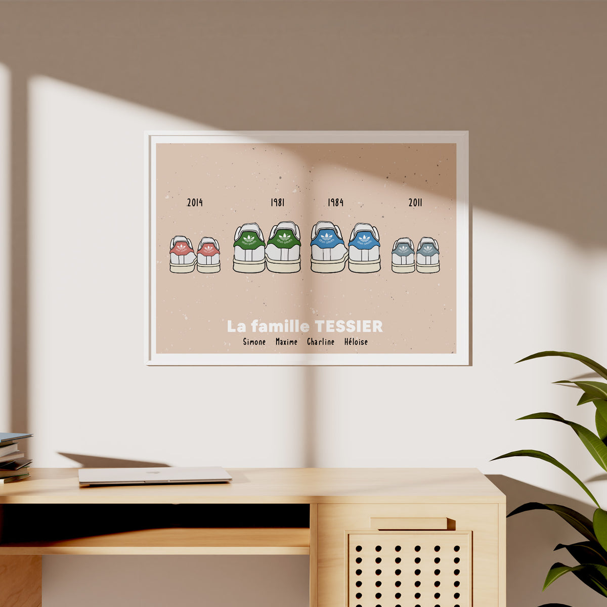 Affiche illustrant des baskets blanches sur fond clair.
