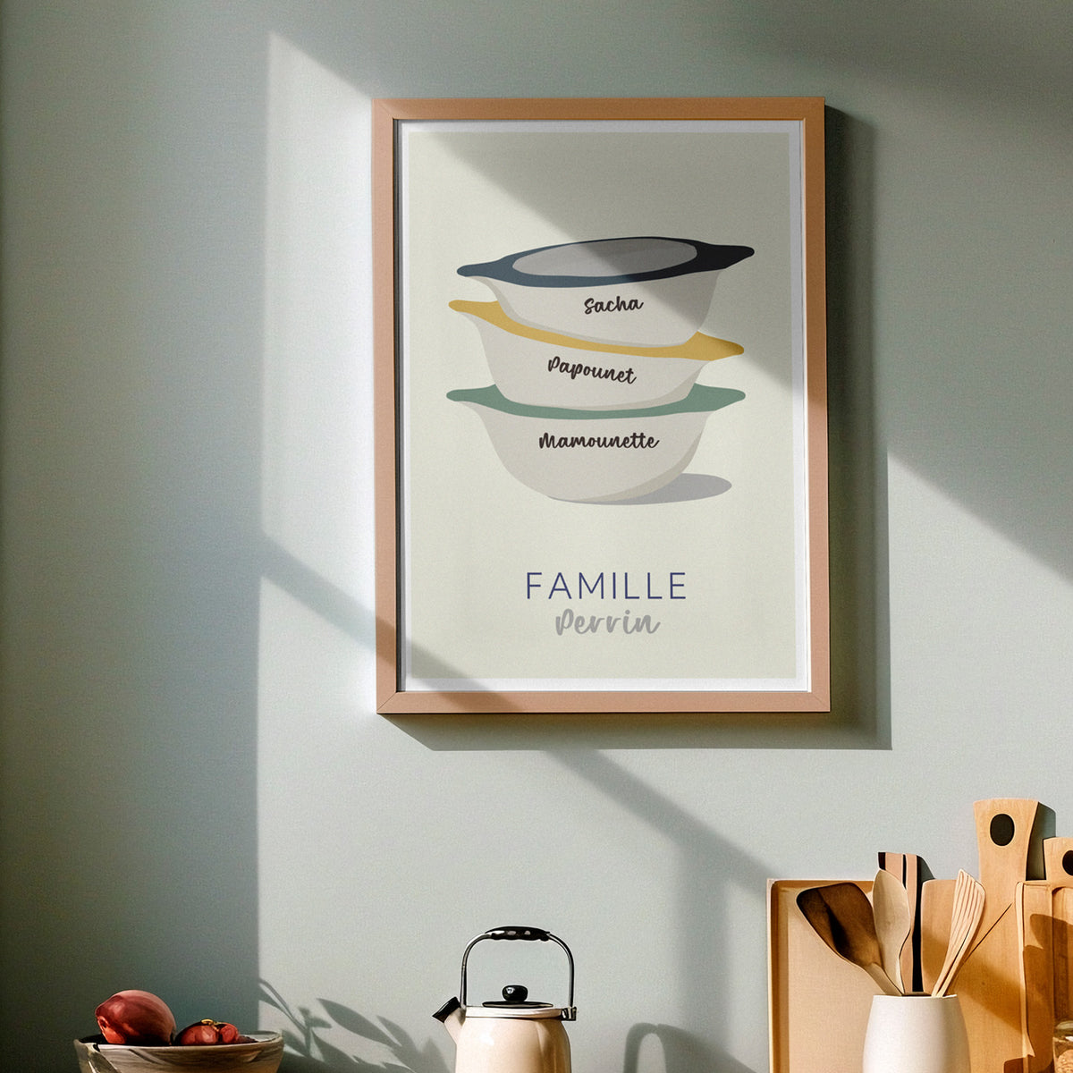 Affiche personnalisée avec des bols bretons et prénoms colorés.