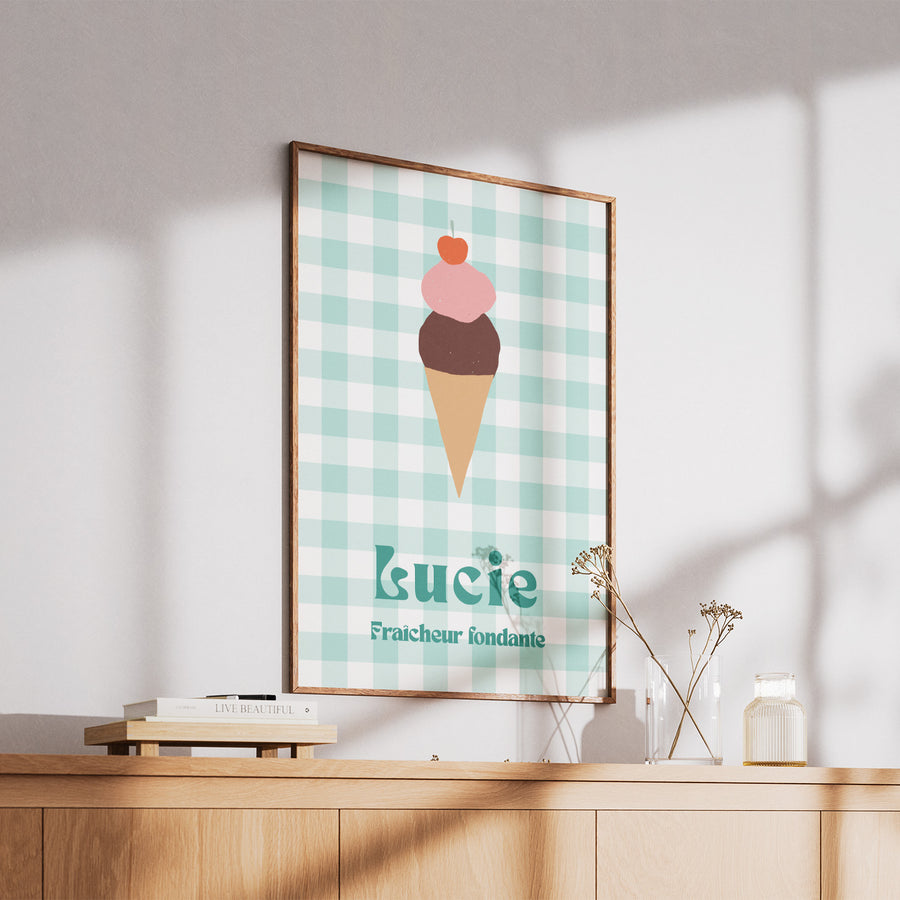 Affiche colorée de glace fondante avec des détails ludiques.